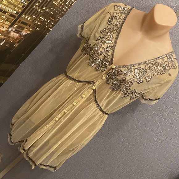 BUCKLE BLACK LABEL - NWT - tunic: sheer tan mesh s/s w gold sequins & beads - L - Picture 16 of 16